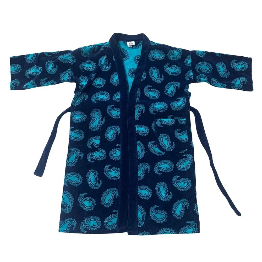 Vintage Terrycloth Robe Bill Blass Cotton Bathrobe One Size Navy Teal Paisley - Picture 2 of 7